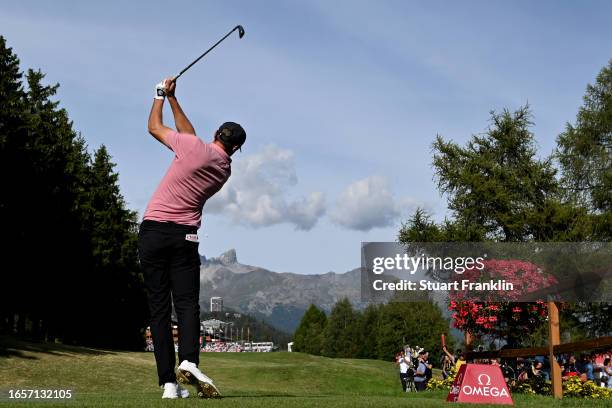 Ludvig Aberg of Sweden plays his tee shot on the 18th hole during Day Four of the Omega European Masters at Crans-sur-Sierre Golf Club on September...