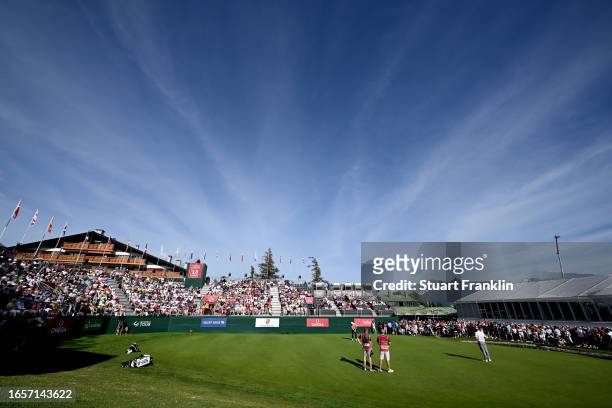 General view of the 18th hole during Day Four of the Omega European Masters at Crans-sur-Sierre Golf Club on September 03, 2023 in Crans-Montana,...