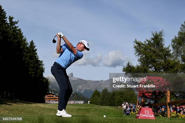 Alexander Bjork of Sweden plays his tee shot on the 18th hole during Day Four of the Omega European Masters at Crans-sur-Sierre Golf Club on...