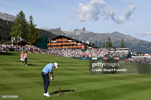 Alexander Bjork of Sweden plays his second shot on the 18th hole during Day Four of the Omega European Masters at Crans-sur-Sierre Golf Club on...