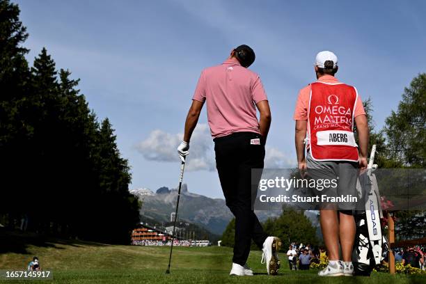 Ludvig Aberg of Sweden prepares to plays his tee shot on the 18th hole during Day Four of the Omega European Masters at Crans-sur-Sierre Golf Club on...