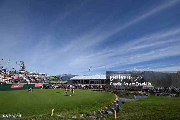 General view of the 18th hole during Day Four of the Omega European Masters at Crans-sur-Sierre Golf Club on September 03, 2023 in Crans-Montana,...