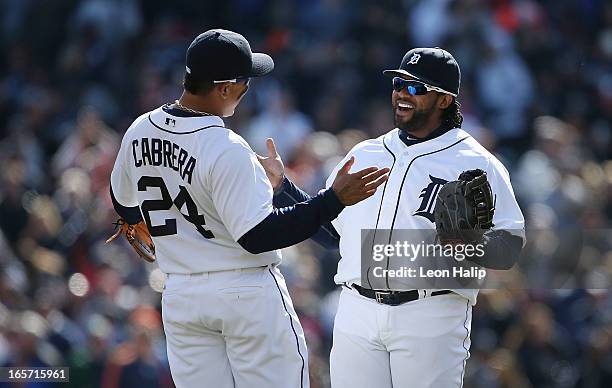 Miguel Cabrera and Prince Fielder of the Detroit Tigers celebrate a win over the New York Yankees in the home opener at Comerica Park on April 5,...