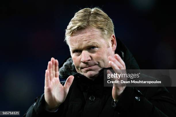 Feyenoord Manager, Ronald Koeman thanks the fans after victory in the Eredivisie match between Feyenoord and VVV Venlo at De Kuip on April 5, 2013 in...