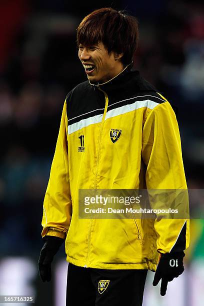 Yuki Otsu of Venlo warms up prior to the Eredivisie match between Feyenoord and VVV Venlo at De Kuip on April 5, 2013 in Rotterdam, Netherlands.