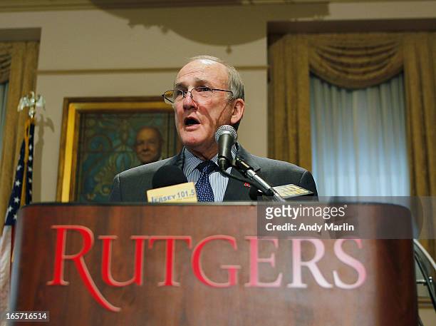 Rutgers University President Robert L Barchi addresses the media during a press conference at Rutgers University announcing the resignation of...
