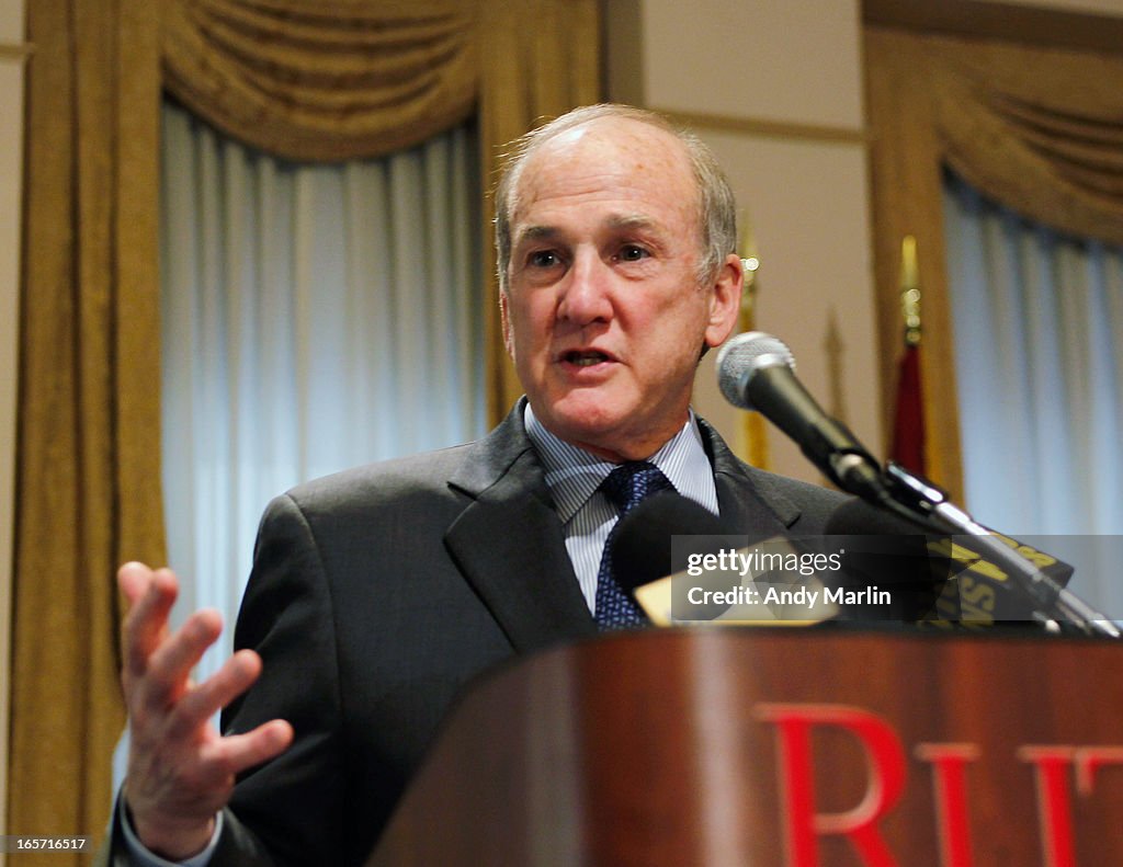 Rutgers University President Robert L. Barchi And Board Of Governors Chair Ralph Izzo Press Conference