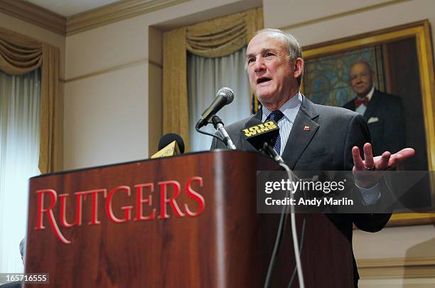 Rutgers University President Robert L Barchi addresses the media during a press conference at Rutgers University announcing the resignation of...