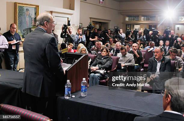 Rutgers University President Robert L Barchi addresses the media during a press conference at Rutgers University announcing the resignation of...