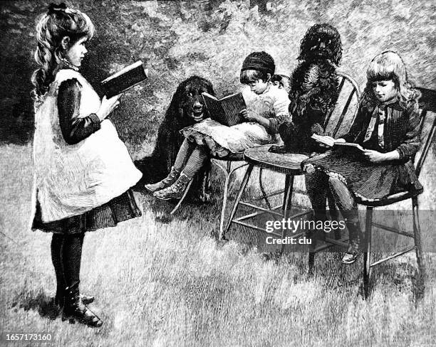 three girls with dogs playing school in the garden - backyard enjoyment stock illustrations