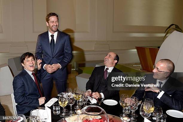 Francesco Pesci, CEO of Brioni, and Gerard Butler attend the gala dinner by Antonello Colonna for the movie 'Olympus Has Fallen' on April 5, 2013 in...
