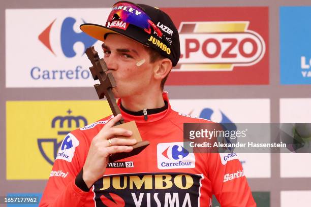 Sepp Kuss of The United States and Team Jumbo-Visma celebrates at podium as Red Leader Jersey winner during the 78th Tour of Spain 2023, Stage 9 a...