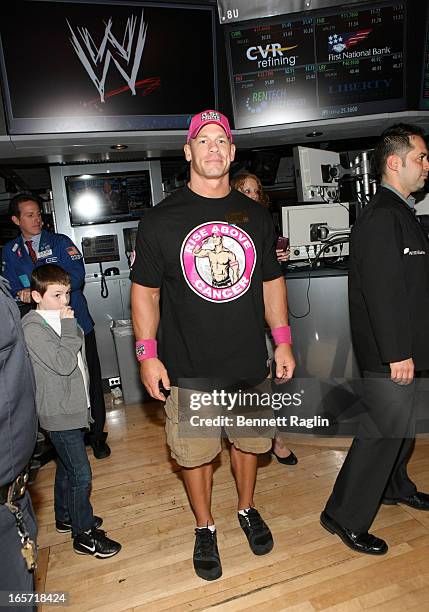 Actor John Cena rings the closing bell at the New York Stock Exchange on April 5, 2013 in New York City.