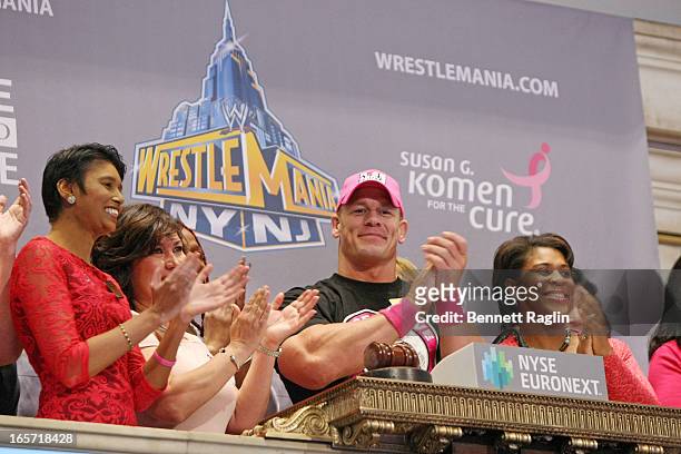 Actor John Cena rings the closing bell at the New York Stock Exchange on April 5, 2013 in New York City.