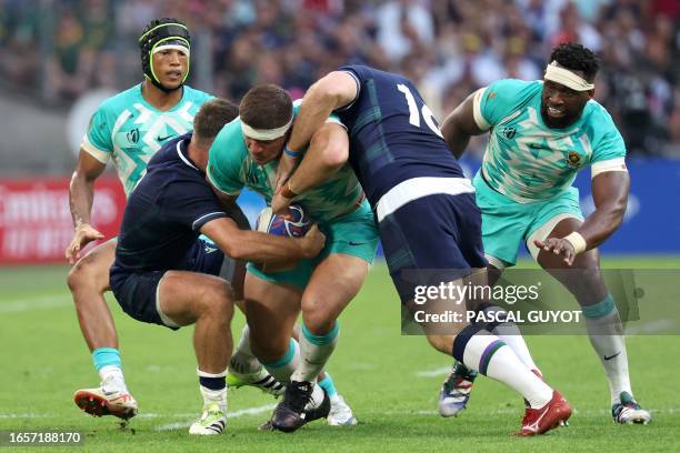 South Africa's wing Kurt-Lee Arendse, Scotland's wing Duhan Van Der Merwe, South Africa's hooker Malcolm Marx, Scotland's tighthead prop WP Nel and...