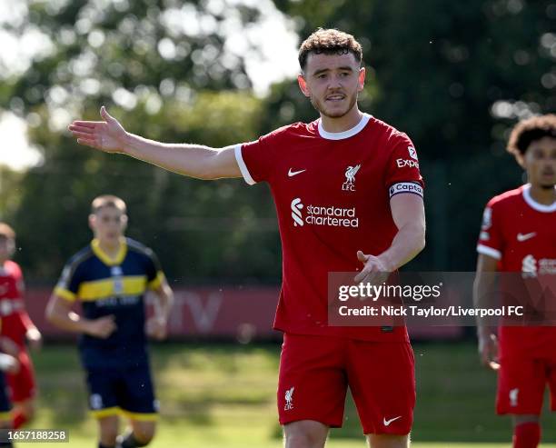 Tom Hill of Liverpool in action during the PL2 game at AXA Training Centre on September 03, 2023 in Kirkby, England.