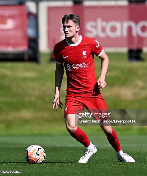 Terence Miles of Liverpool in action during the PL2 game at AXA Training Centre on September 03, 2023 in Kirkby, England.