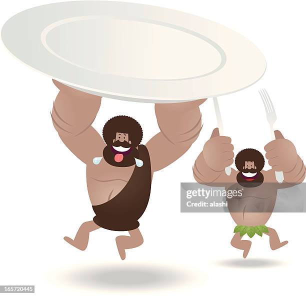 happy prehistoric man holding a blank plate, fork and knife - early homo sapiens 幅插畫檔、美工圖案、卡通及圖標