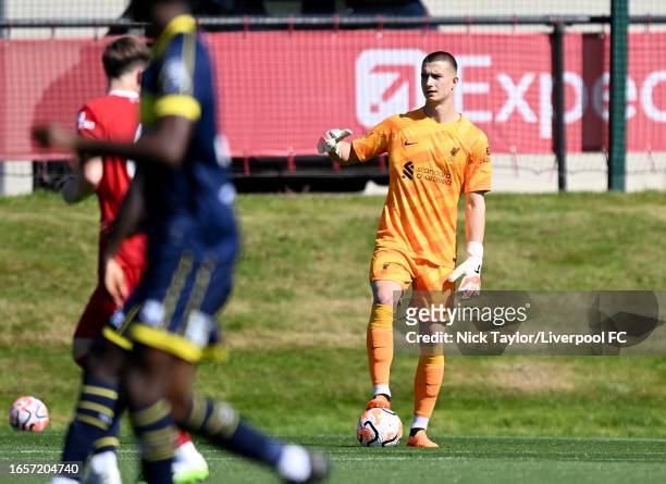 Fabian Mrozek of Liverpool during the PL2 game at AXA Training Centre on September 03, 2023 in Kirkby, England.