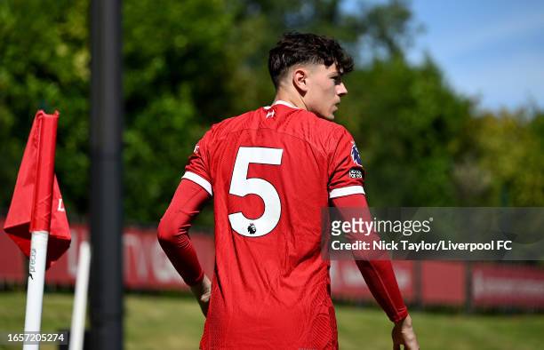 Luke Chambers of Liverpool during the PL2 game at AXA Training Centre on September 03, 2023 in Kirkby, England.