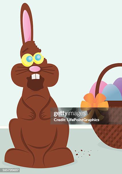stressed chocolate easter bunny with ear bitten off - chocolate rabbit stock illustrations