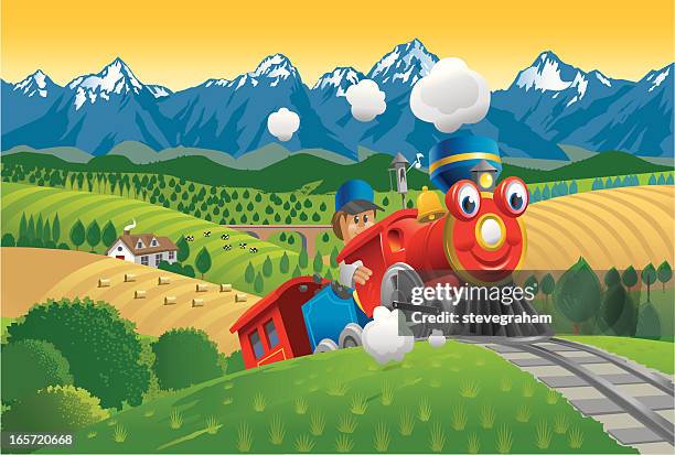 rot spielzeug-eisenbahn - miniature train stock-grafiken, -clipart, -cartoons und -symbole
