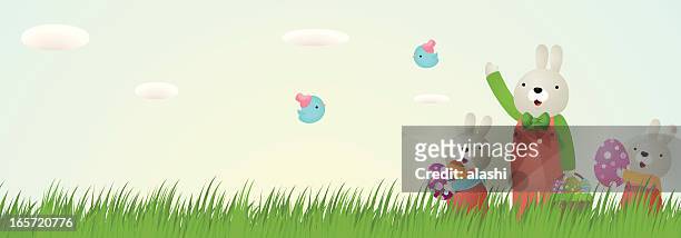 osterhasen, eier, bluebird im gras mit sky-hintergrund - freizeit latzhose stock-grafiken, -clipart, -cartoons und -symbole