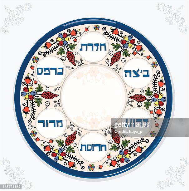 passover plate on blue napkin - pesach seder stock illustrations