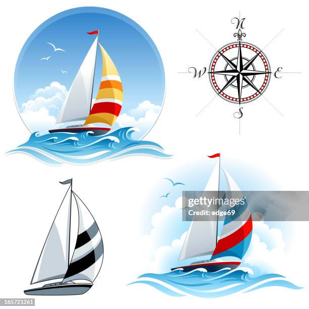 stockillustraties, clipart, cartoons en iconen met sailing boats with compass - zeilboot