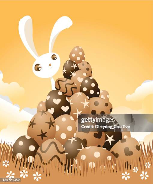 easter bunny with chocolate eggs - easter chocolate stock illustrations