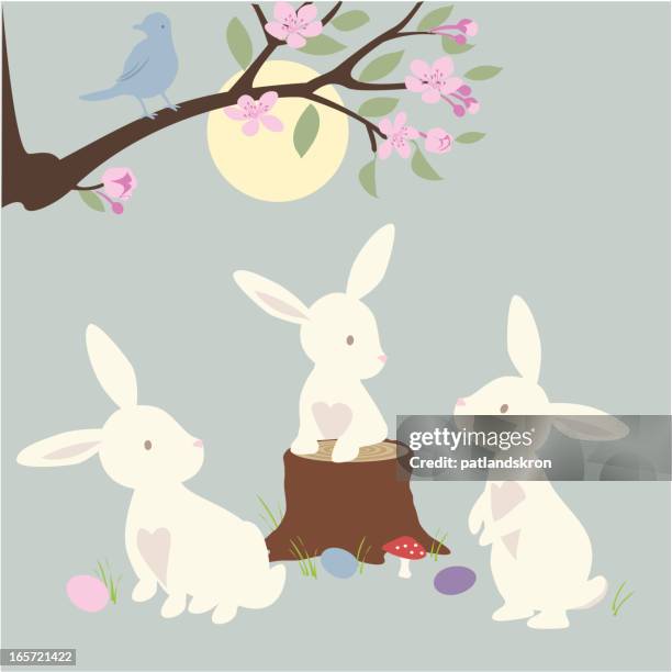 bunnies talk easter - easter egg tree stock illustrations