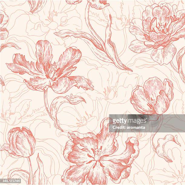 ilustraciones, imágenes clip art, dibujos animados e iconos de stock de patrón sin costuras con tulipanes - flores