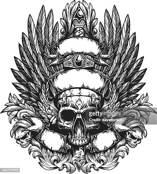 winged skull banner and flourish with sword - tattoo art stock illustrations