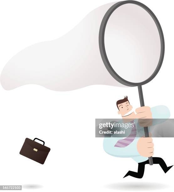 businessman holding big netting,  running chasing catching something - butterfly net stock illustrations