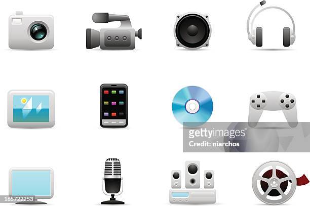 graphic satin icons of various multimedia items - pocket electronic game stock illustrations