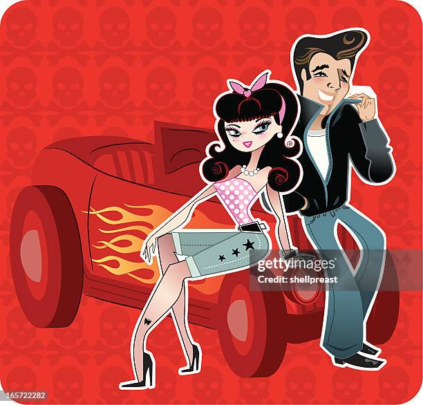 pin up, greaser and hotrod - rockabilly pin up girls stock illustrations