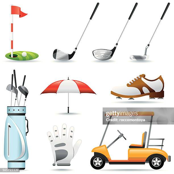 ilustrações de stock, clip art, desenhos animados e ícones de conjunto de ícones de golfe - taco de golfe