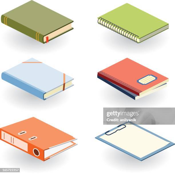 stockillustraties, clipart, cartoons en iconen met various books and other office supplies in different colors - hardcover