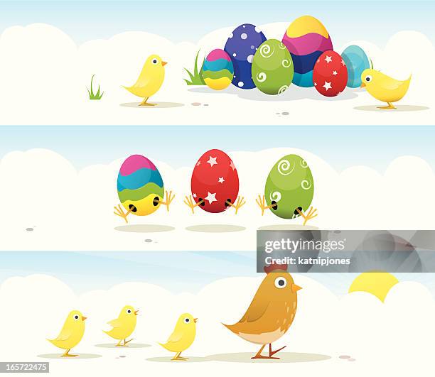 ilustraciones, imágenes clip art, dibujos animados e iconos de stock de huevo de pascua & chick banners - picoteando