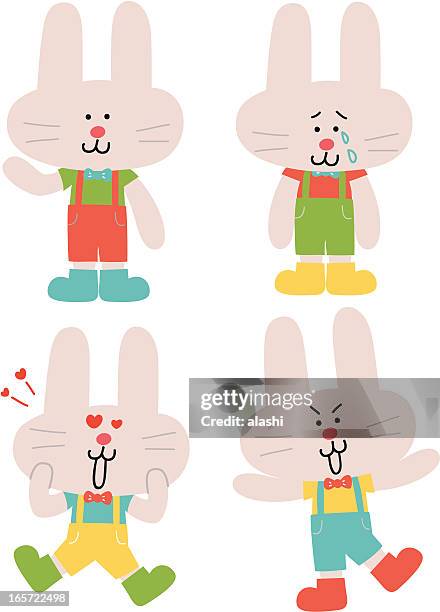 cute funny male bunny characters in various moods - bow emoji stock illustrations