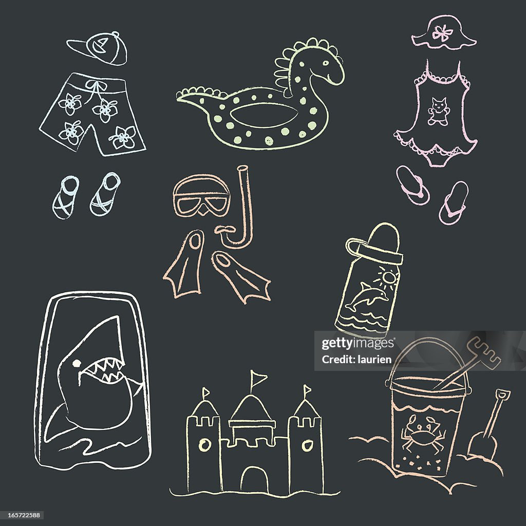 Chalk drawn doodles of children's beach gear.