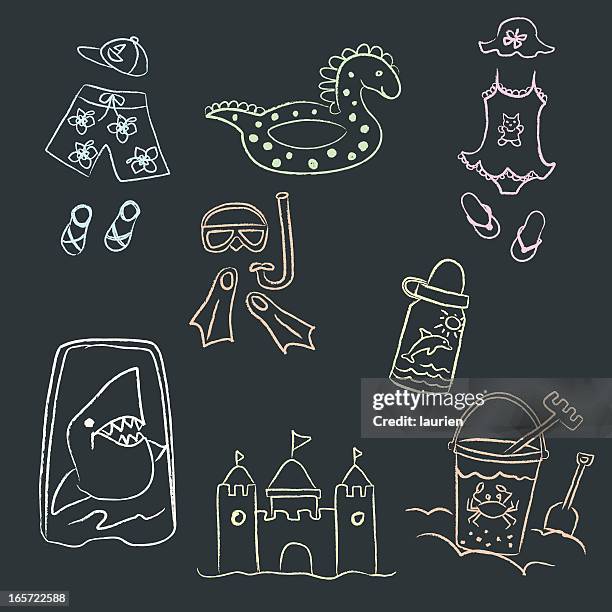 chalk drawn doodles of children's beach gear. - sea monster stock illustrations