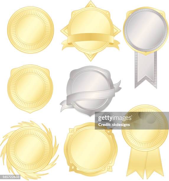 shiny silver, gold emblems, stickers, ribbons set - first second third place stock illustrations