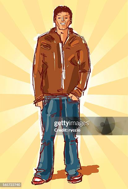 standing lässig junger mann skizzieren - denim jacket stock-grafiken, -clipart, -cartoons und -symbole