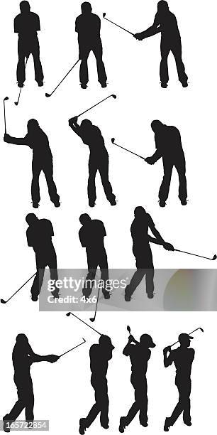 golfer demonstrating the golf swing - golf swing on white stock illustrations