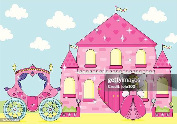 sparkly pink palace with cute fairy princess and carriage. - castle background stock illustrations