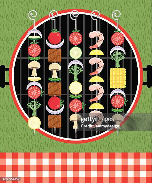 graphic illustration of kabobs on the grill at a picnic - grilled vegetables stock illustrations