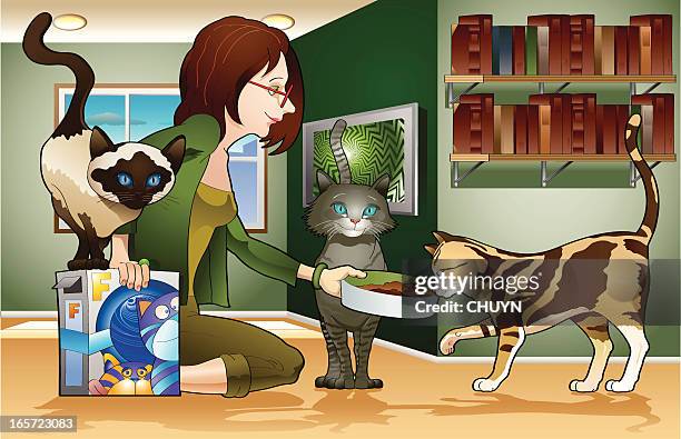 illustrazioni stock, clip art, cartoni animati e icone di tendenza di ragazza e gatti - cat food
