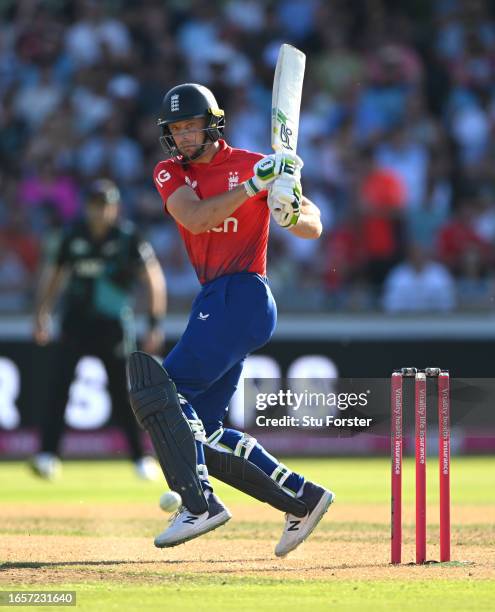 England batsman Jos Buttler hits out during the 3rd Vitality T20I between England and New Zealand at Edgbaston on September 03, 2023 in Birmingham,...