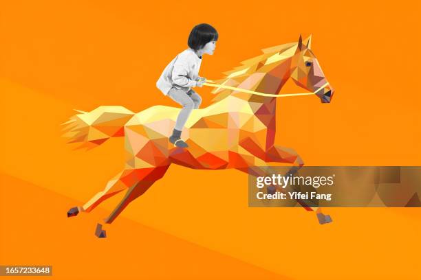 young girl riding horse against clean  background collage of real person with illustration - hindernisrace paardenrennen stockfoto's en -beelden